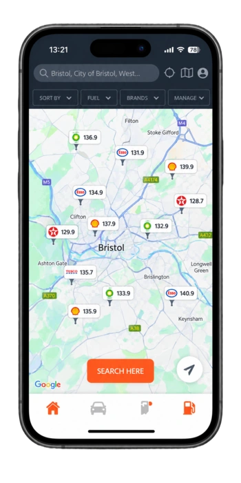 Map view of nearby fuel stations in Bristol