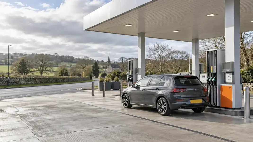Graphite car at a modern British petrol station